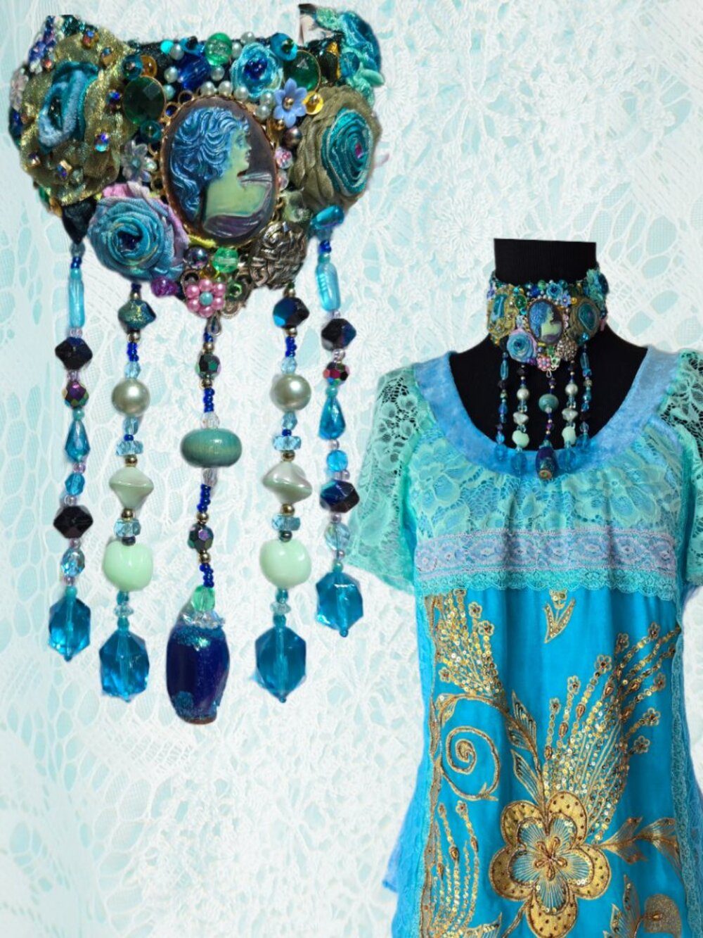 Handmade Blue Rose Bead Embroidered Choker Necklace Mermaidcore Y2k-Style